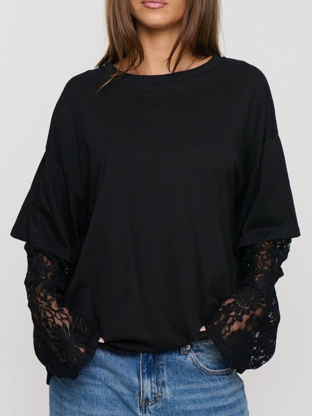 Layered Lace-Sleeve T-Shirt - Picture 7 of 12